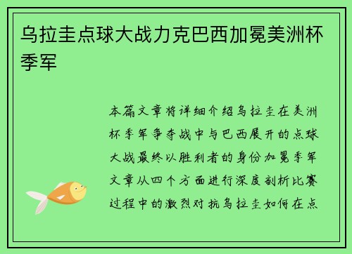 乌拉圭点球大战力克巴西加冕美洲杯季军