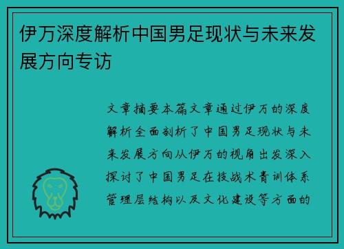 伊万深度解析中国男足现状与未来发展方向专访